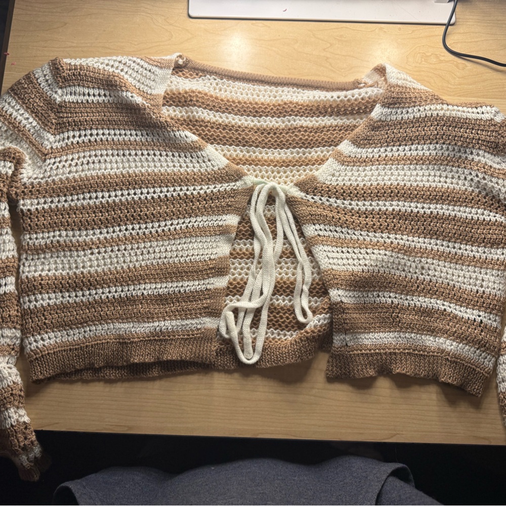 SHEIN Striped Knit Drawstring Sweater - Cream & Tan